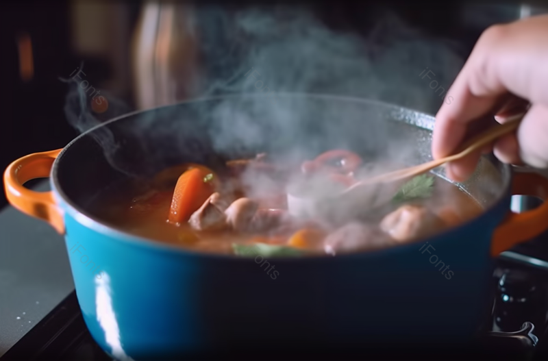 炉上青铁锅蒸炖用手搅拌摄影,高清,摄影图,摄影图片,图片大全,摄影图免费下载